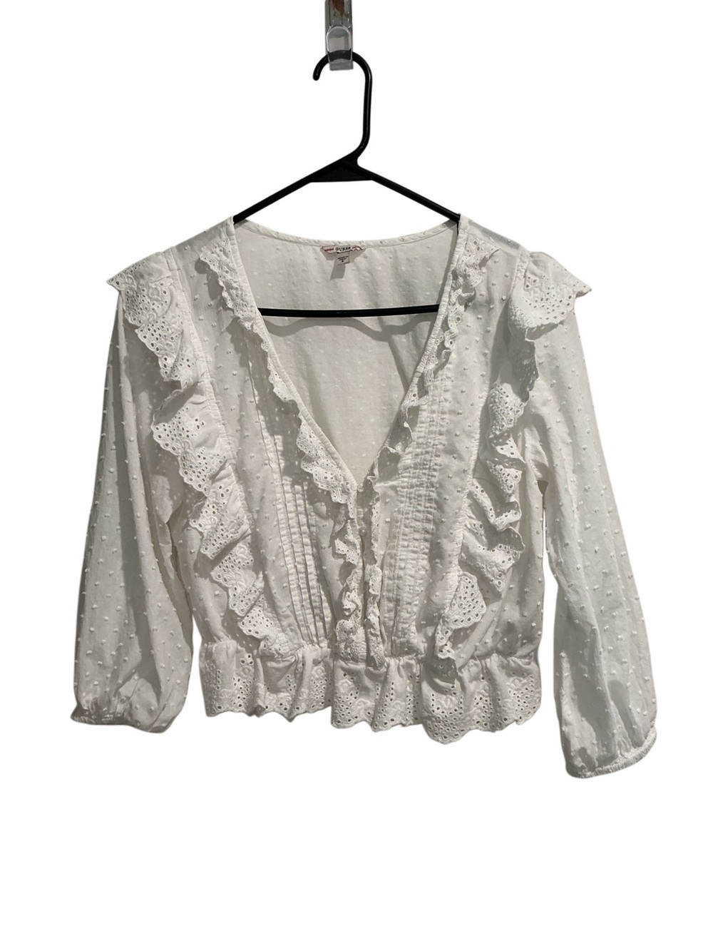 Guess White Eyelet Lace Ruffle Swiss Dot Cropped Blouse 3/4 Sleeves